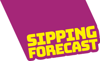 Sipping Forecast Logo. Sipping forecast in yellow on a purple extruding to the back